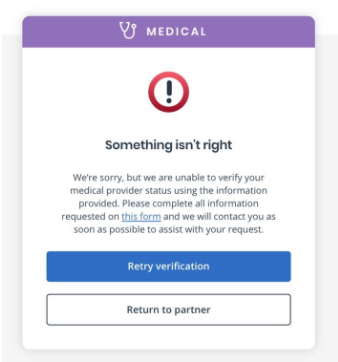 If we were unable to verify your medical provider status using the credentials you entered, your screen will look like this. Select the This Form link to complete the form required_iPrescribe