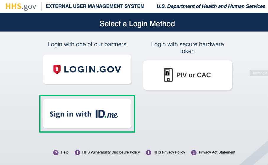 Screenshot of U.S. Department of Health and Human Services login page with options to sign in using Login.gov, PIV or CAC, or ID.me