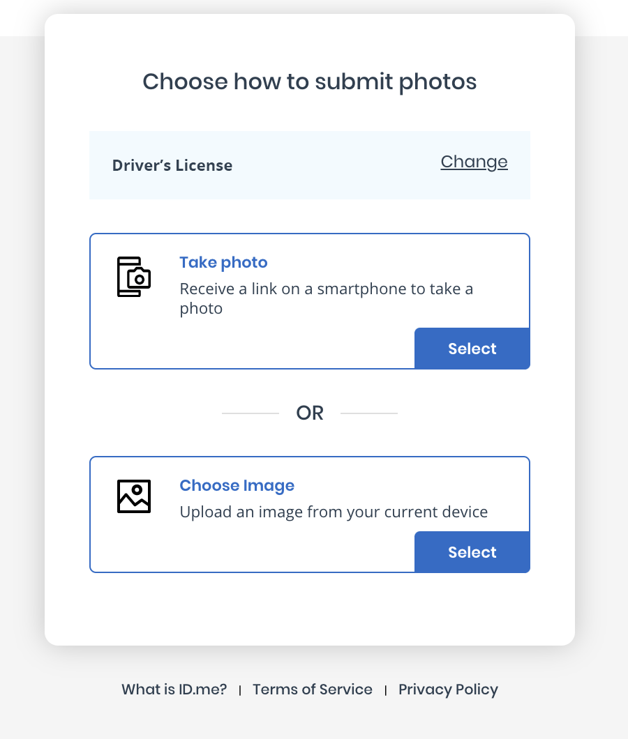 Screenshot of options to take a photo or upload an image of a driver’s license