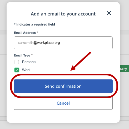 Screenshot of email entry form with arrow pointing to Send confirmation button to verify new address