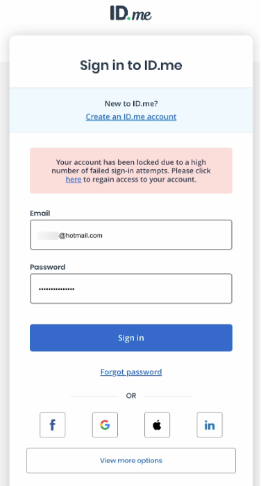 Screenshot of ID.me sign-in page with account locked message due to failed attempts