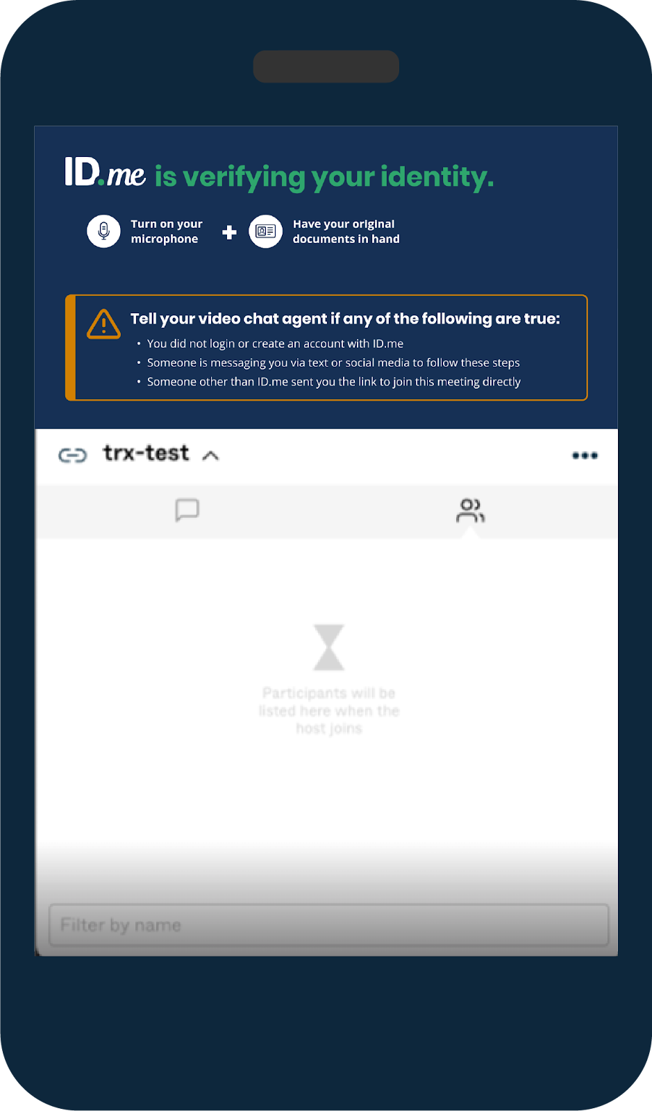 Screenshot of ID.me video call screen with instructions for verifying your identity