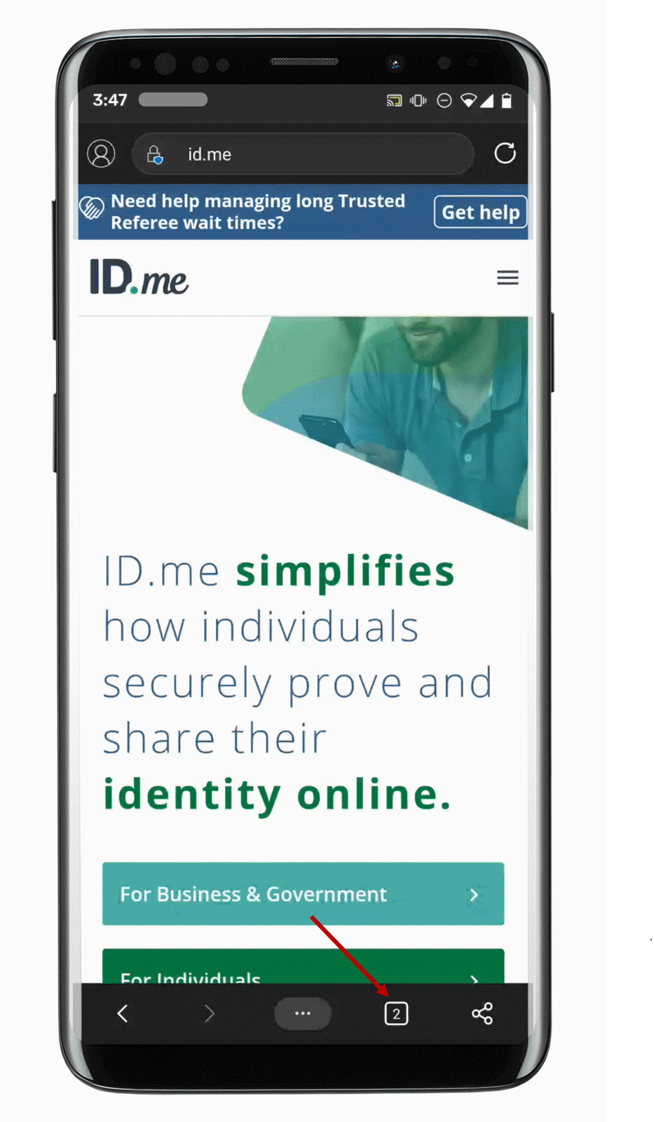 Screenshot of ID.me homepage in Microsoft Edge mobile browser with arrow pointing to tab view icon
