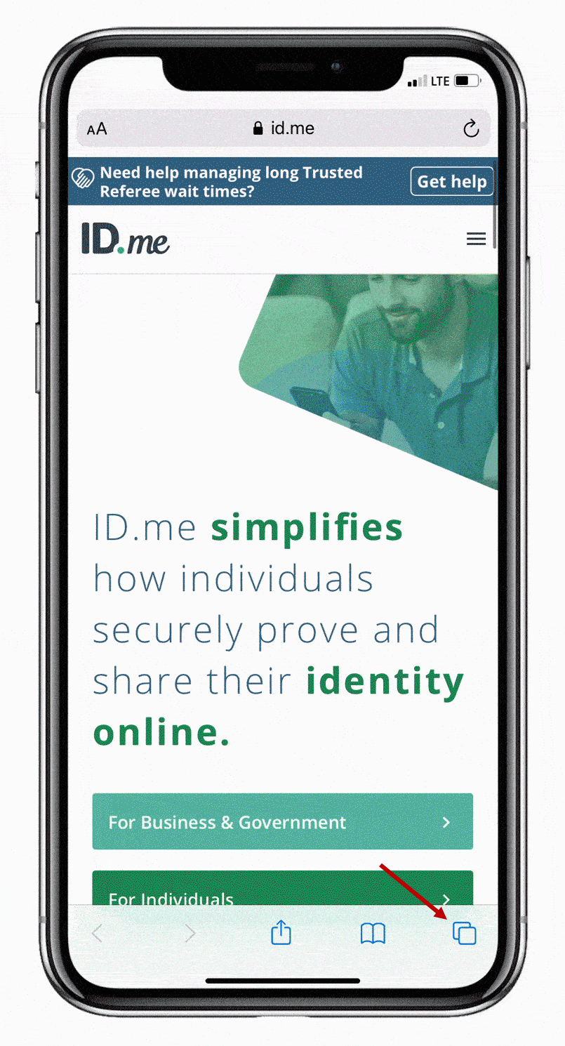 Animated screenshot of ID.me homepage in Safari browser with arrow pointing to tab view icon