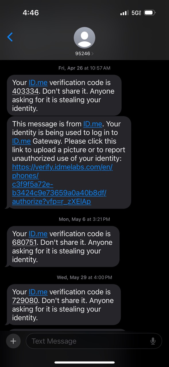Screenshot of ID.me text messages with verification codes and security alert link