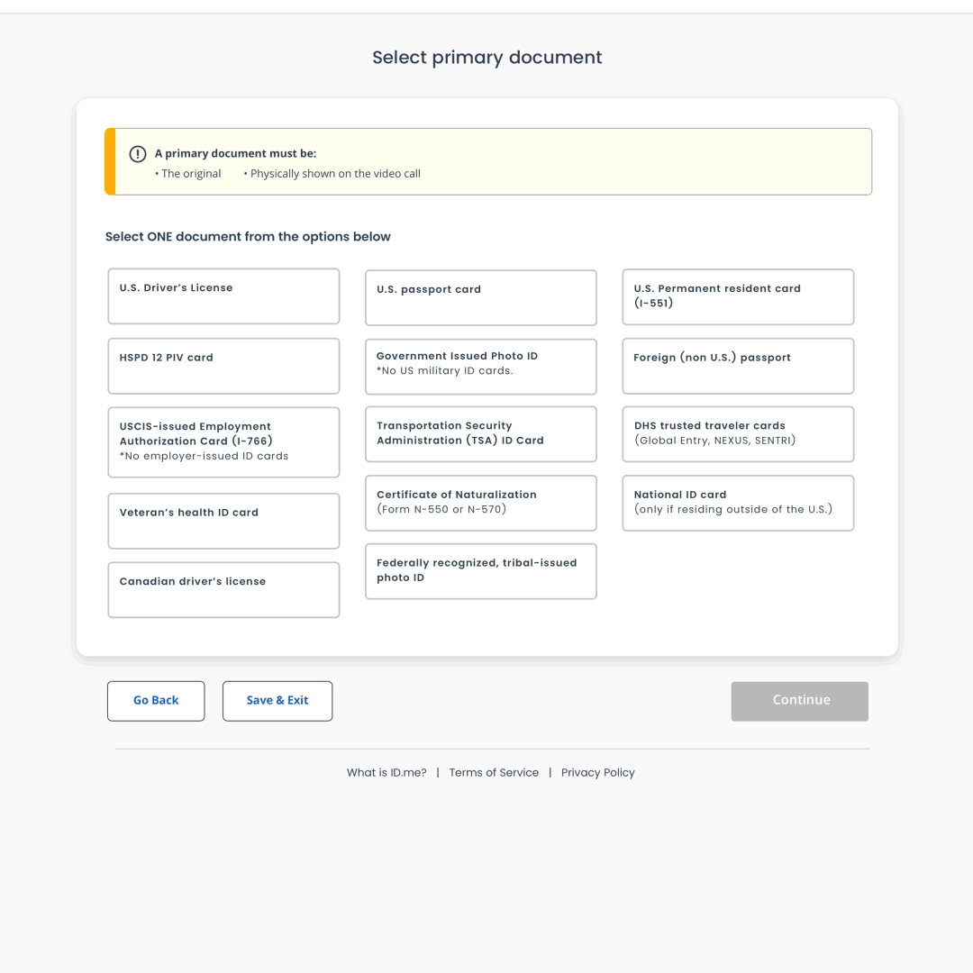 Screenshot of form asking user to select a primary document for identity verification from options like driver's license, passport, or tribal ID