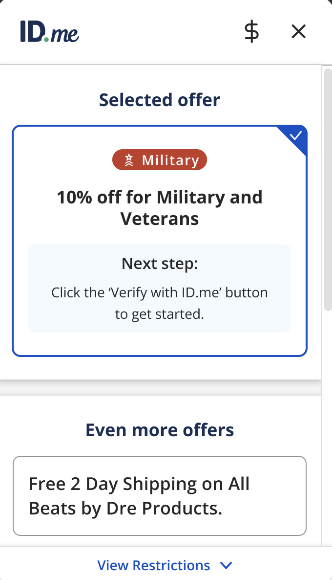 Screenshot of ID.me offer for military and veterans with 10% discount and verification prompt