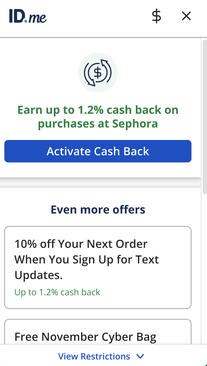 Screenshot of Sephora cash back offer with option to activate through ID.me