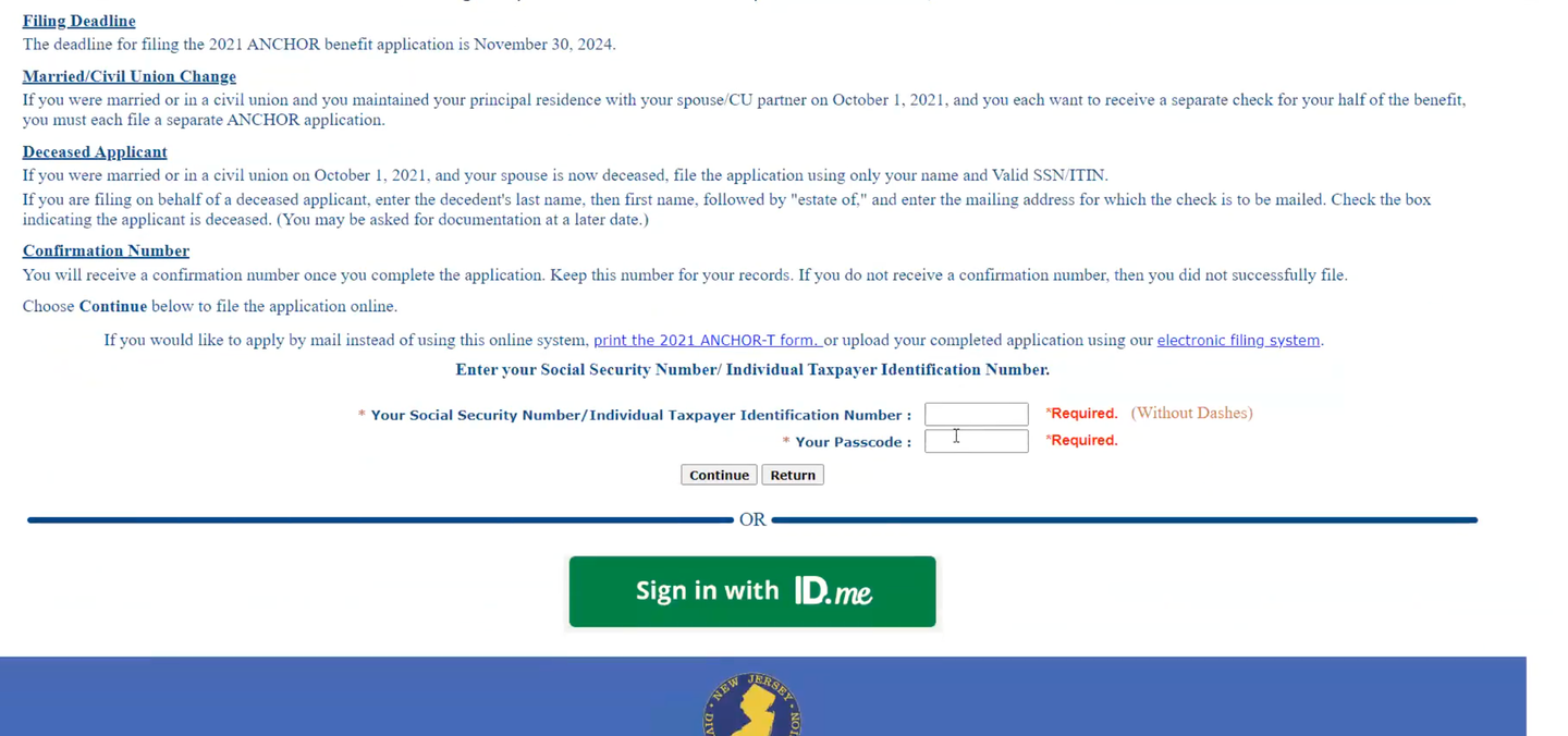 Screenshot of New Jersey ANCHOR benefit login page with options to enter SSN and passcode or sign in with ID.me