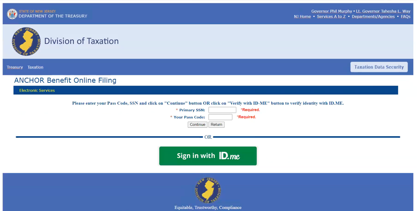 Screenshot of New Jersey ANCHOR login page with option to sign in using SSN and passcode or with ID.me