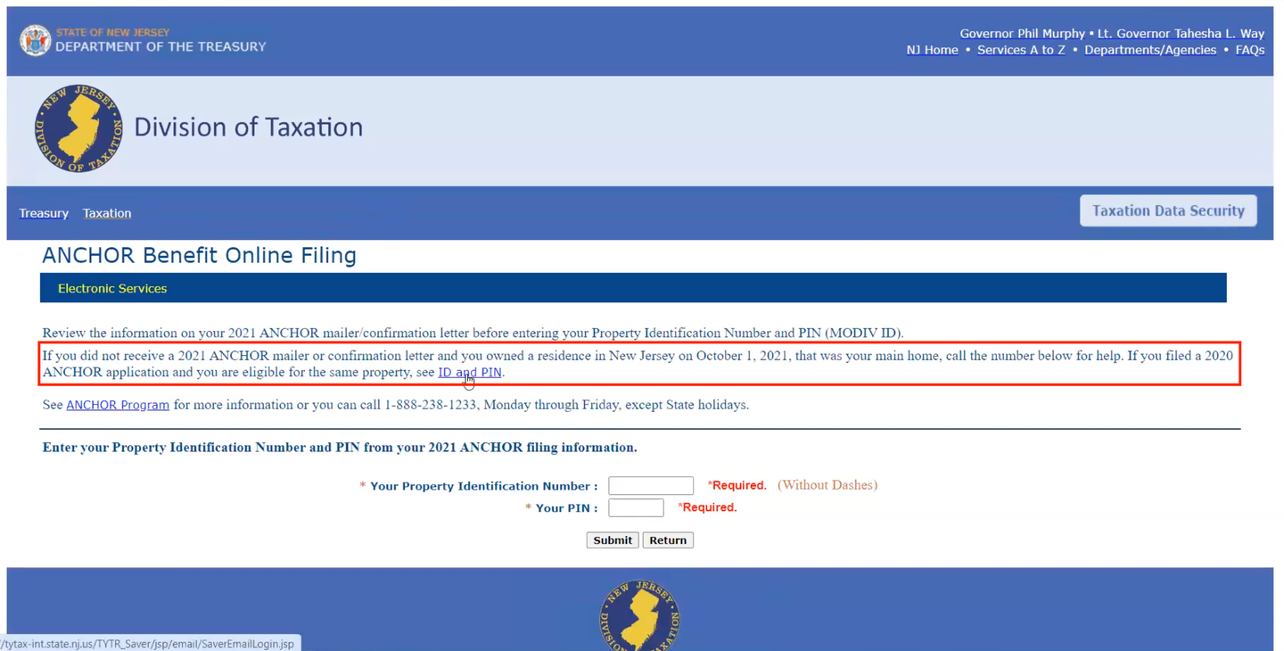 Screenshot of New Jersey Division of Taxation login page with instructions and fields for Property ID and PIN for ANCHOR benefit