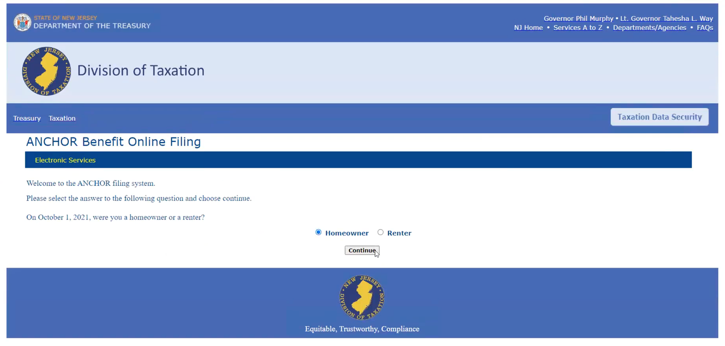 Screenshot of New Jersey Division of Taxation form asking if user was a homeowner or renter for the ANCHOR benefit program