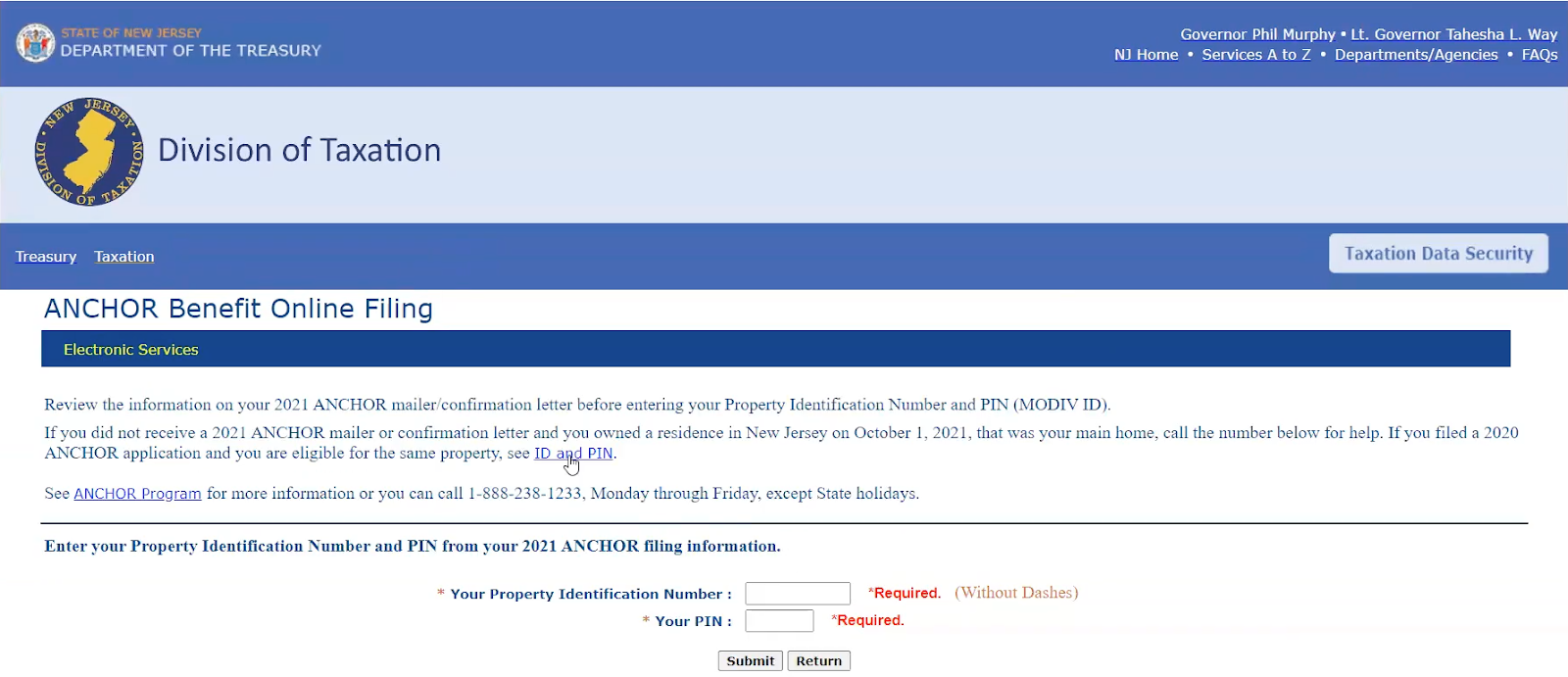 Screenshot of New Jersey Division of Taxation login page requesting Property Identification Number and PIN for ANCHOR benefit filing
