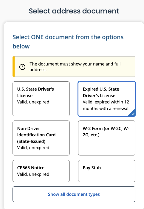 Screenshot of screen to select an address document for verification, with options like license or W-2