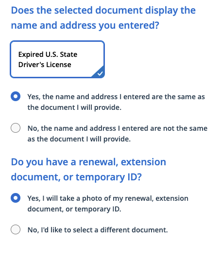 Screenshot asking user to confirm name and address match on selected ID and if they have a renewal or temporary document