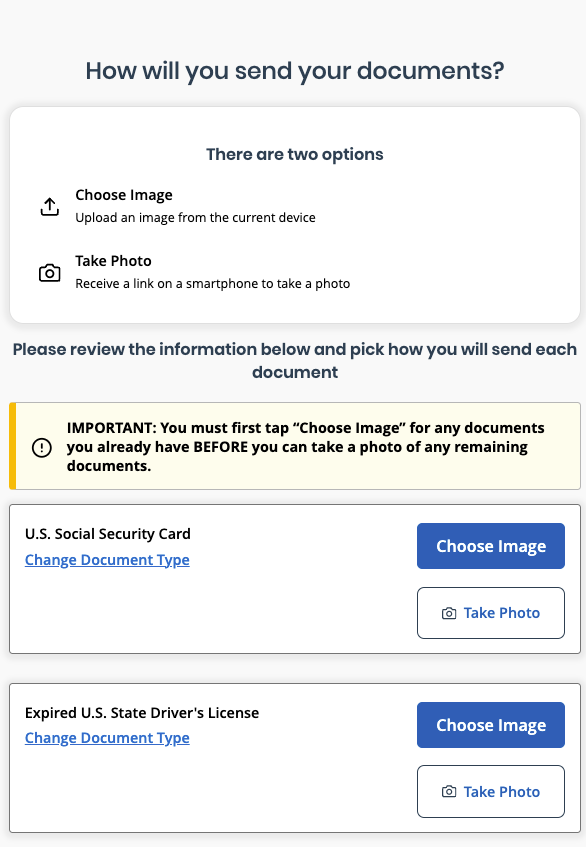 Screenshot showing options to upload or take a photo of documents for verification