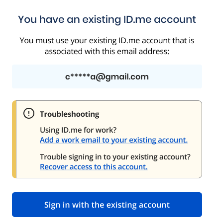 Screenshot showing prompt to sign in with existing ID.me account