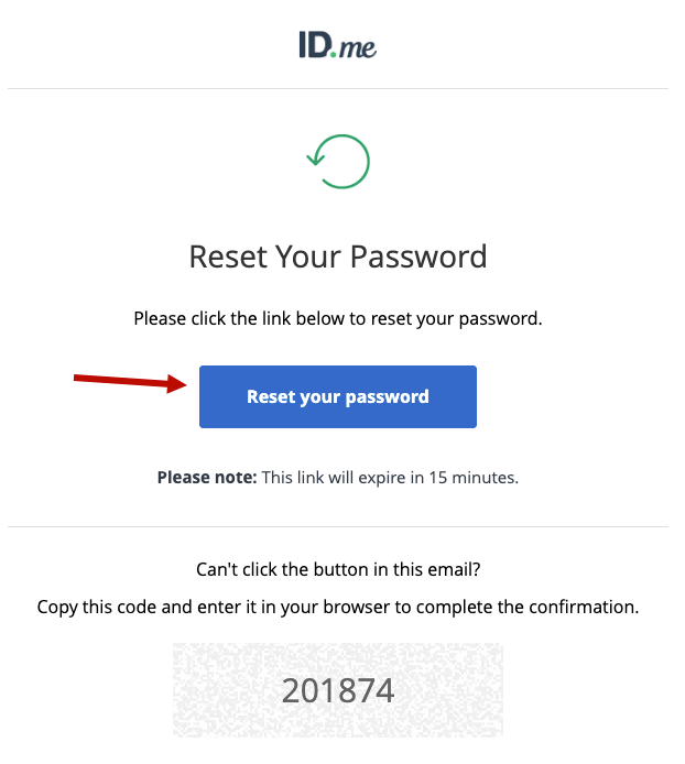 Screenshot of ID.me password reset email with reset button and 6-digit confirmation code