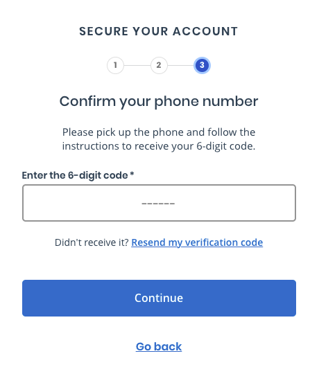 Screenshot of screen to enter 6-digit code to confirm phone number