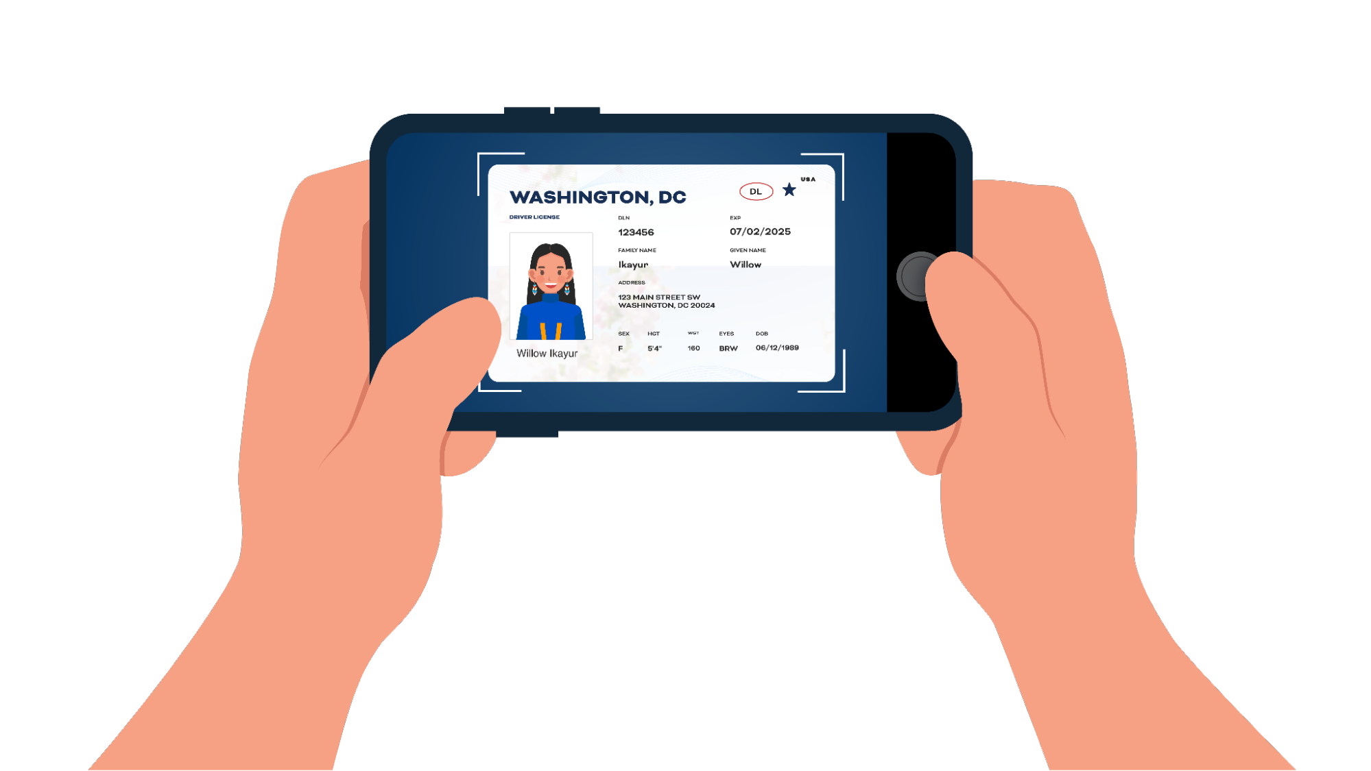 Illustration of hands holding a phone to take a photo of an ID document