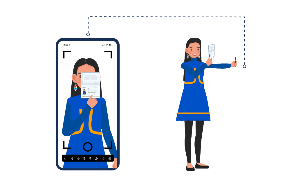 Illustration showing a woman holding an ID next to her face for a verification selfie