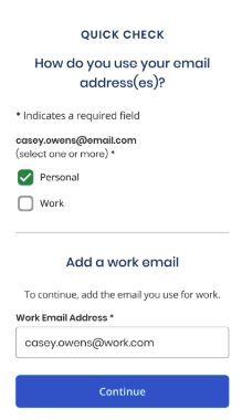 Screenshot of form asking how an email address is used, with options to mark as personal or work and add a work email