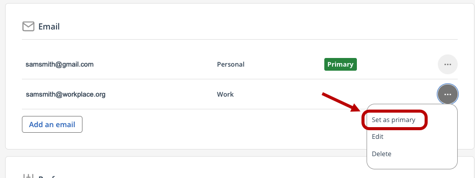 Screenshot of account email settings with arrow pointing to option to set a secondary email as primary