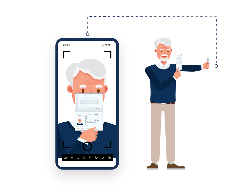 Illustration showing a man holding an ID next to his face for a selfie as part of identity verification