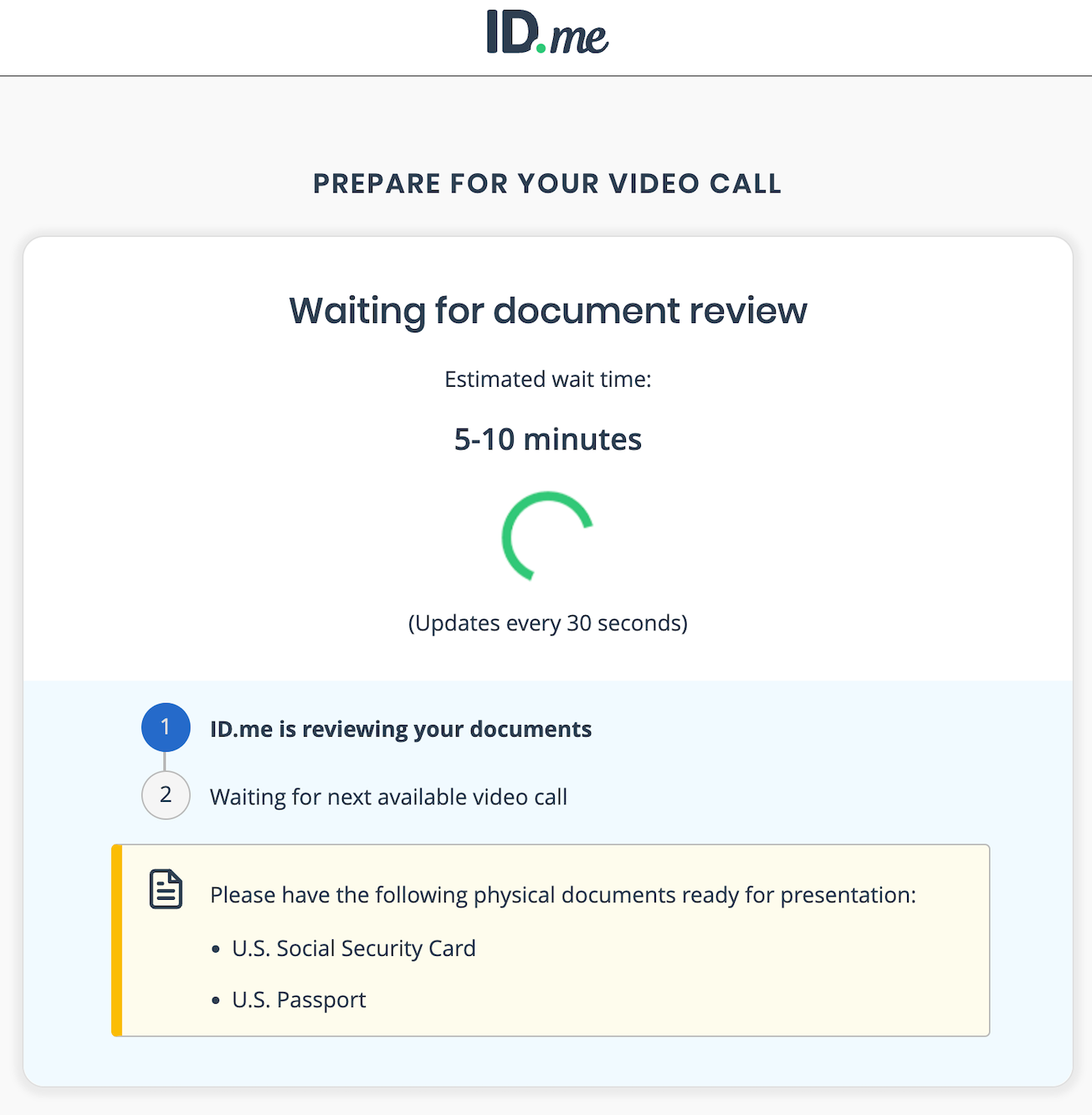 Screenshot showing estimated wait time for document review and a list of physical documents needed for the video call
