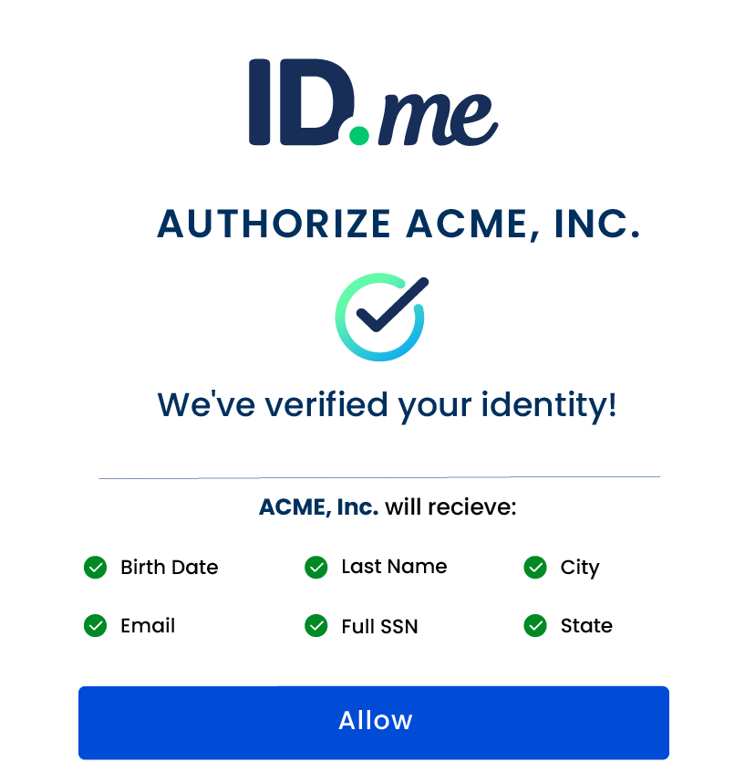Captura de pantalla que muestra la identidad verificada y la pantalla de consentimiento para compartir información personal con una organización asociada
