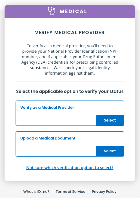 Captura de pantalla de las opciones para verificar el estado del proveedor médico o cargar un documento médico