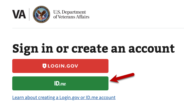 Captura de pantalla de la página de inicio de sesión de VA con ID.me botón resaltado