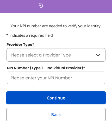 Captura de pantalla del formulario para introducir el tipo de proveedor y el número NPI para la verificación de identidad