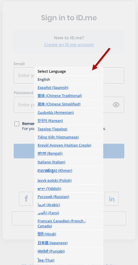 Captura de pantalla del menú de idioma ampliado en la página de inicio de sesión de ID.me