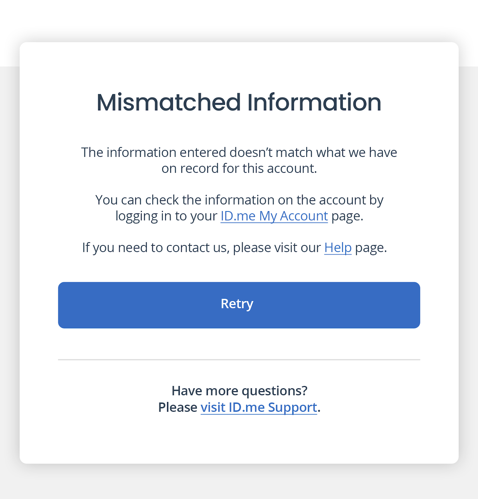 Captura de pantalla del error de información no coincidente, con un botón de reintento y enlaces de soporte