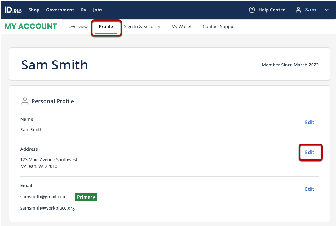 Captura de pantalla de la página de perfil de la cuenta ID.me con opciones resaltadas para editar la dirección física y el correo electrónico