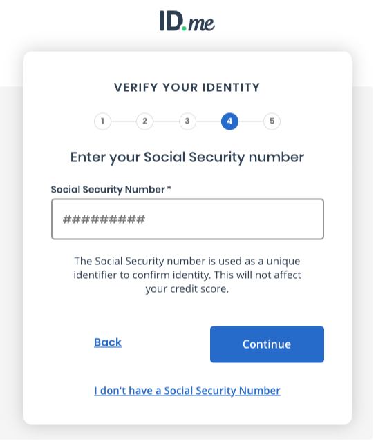 Screenshot of form to enter Social Security number for identity verification
