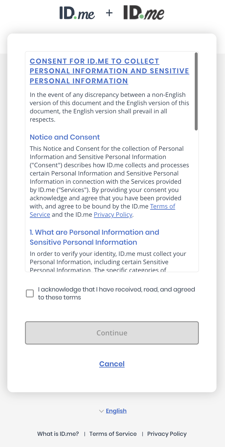 Screenshot of consent form for ID.me to collect personal and sensitive information with checkbox to agree