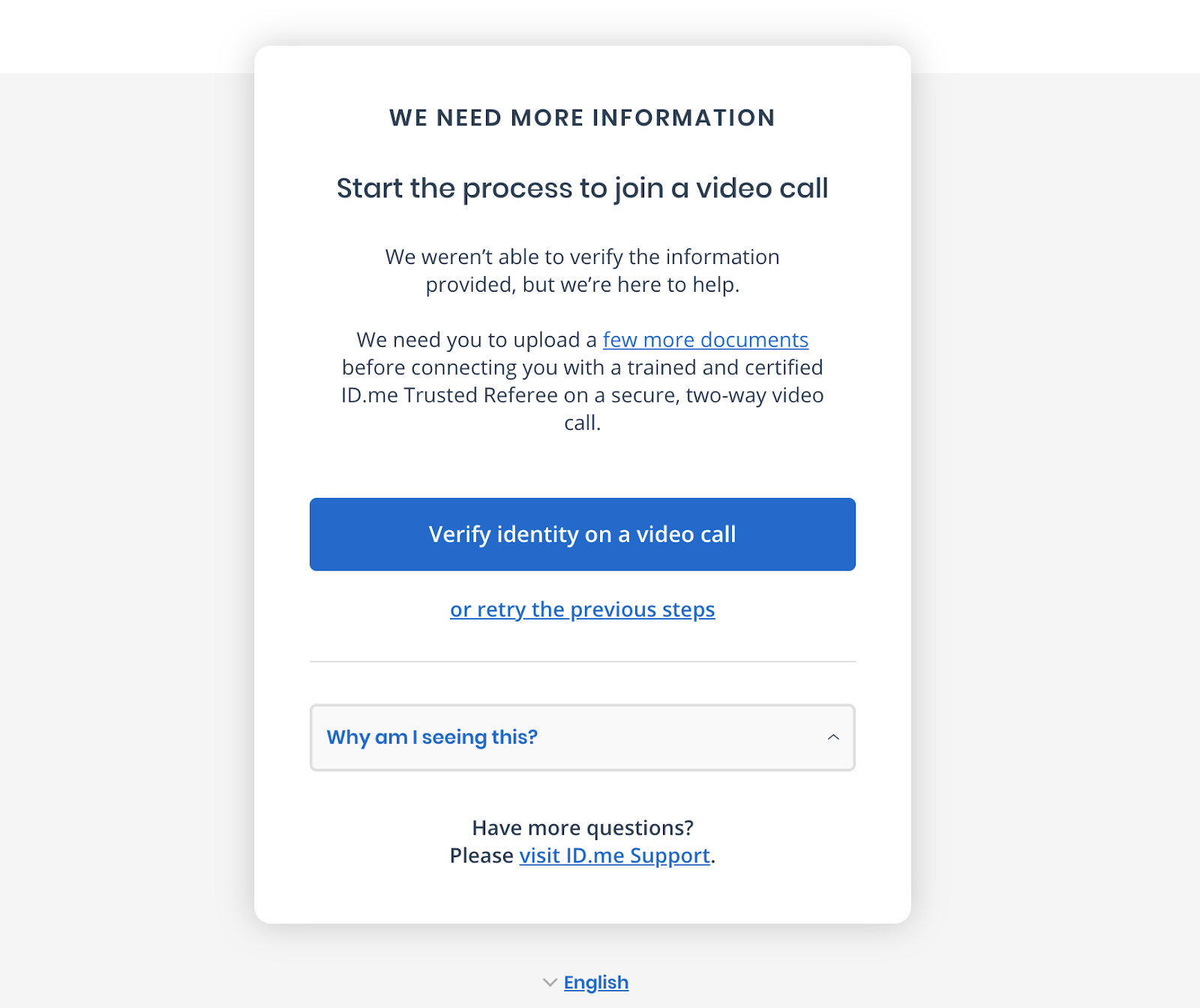 Captura de pantalla de un mensaje que solicita al usuario cargar documentos y unirse a una videollamada para realizar la verificación