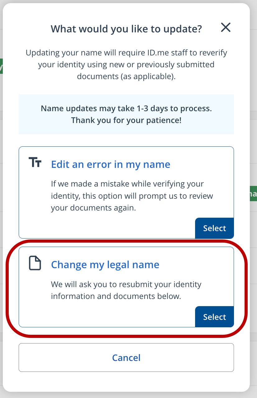 Captura de pantalla de las opciones de actualización de nombre, en la que aparece "Cambiar mi nombre legal" resaltado y "Editar un error en el nombre"
