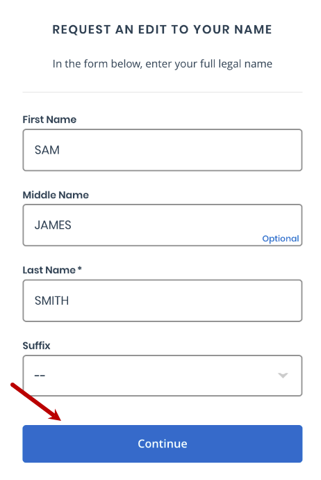 Captura de pantalla del formulario Editar el nombre, con los campos Nombre, Segundo nombre, Apellido y Sufijo, y una flecha que señala el botón "Continuar"