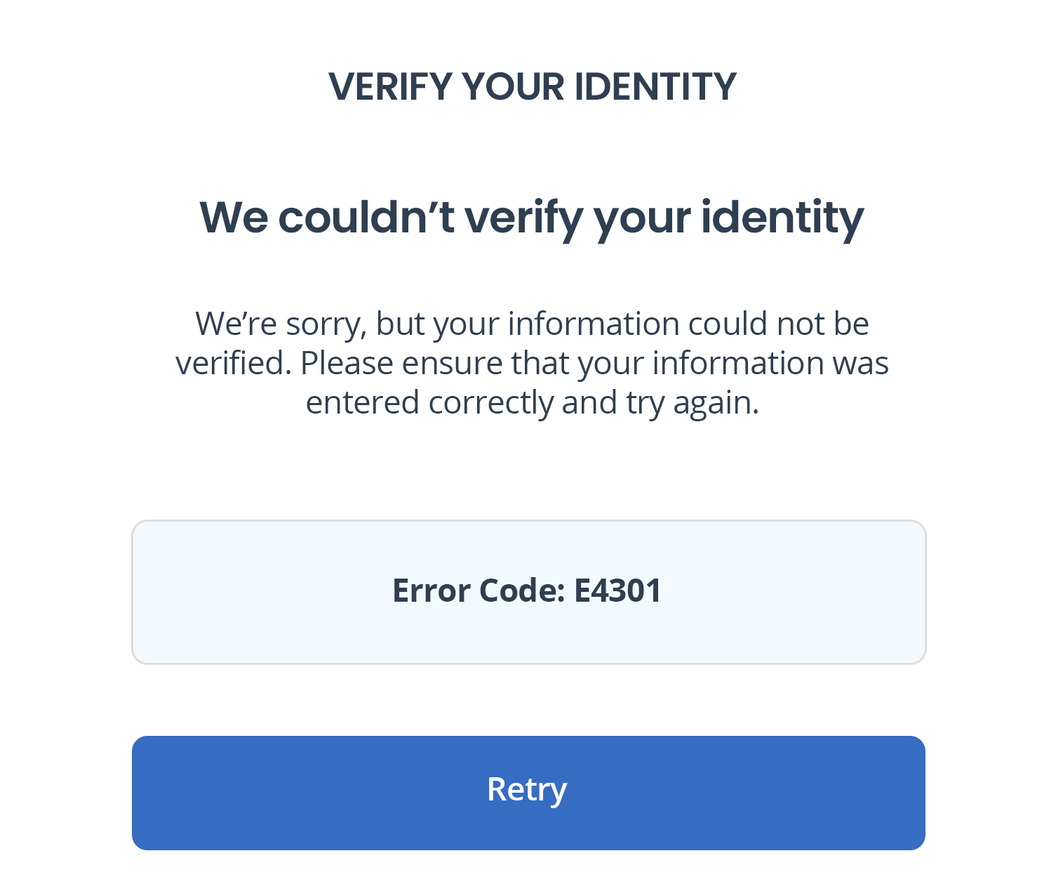 Captura de pantalla del error de verificación de identidad con el código E4301 y el botón de reintento