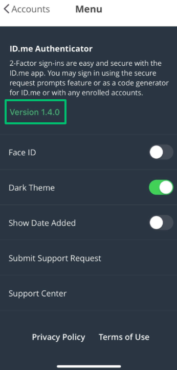 Captura de pantalla de la pantalla de configuración de la aplicación ID.me Authenticator con el tema oscuro habilitado