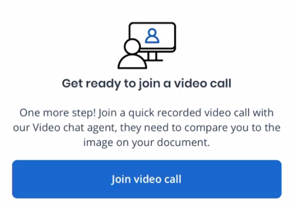 Pantalla que muestra el botón “Unirse a la videollamada” para la verificación de identidad.