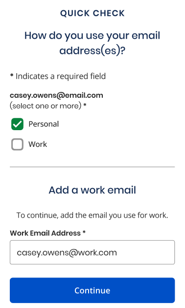 Captura de pantalla de un formulario que solicita al usuario seleccionar el uso personal o laboral del correo electrónico y agregar un correo electrónico laboral