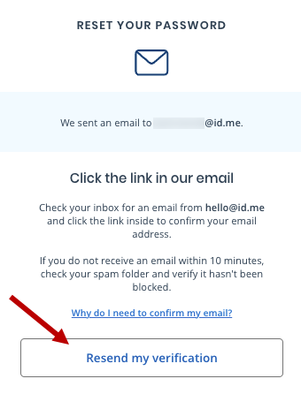 Captura de pantalla del aviso de confirmación por correo electrónico con el botón Reenviar la verificación destacado