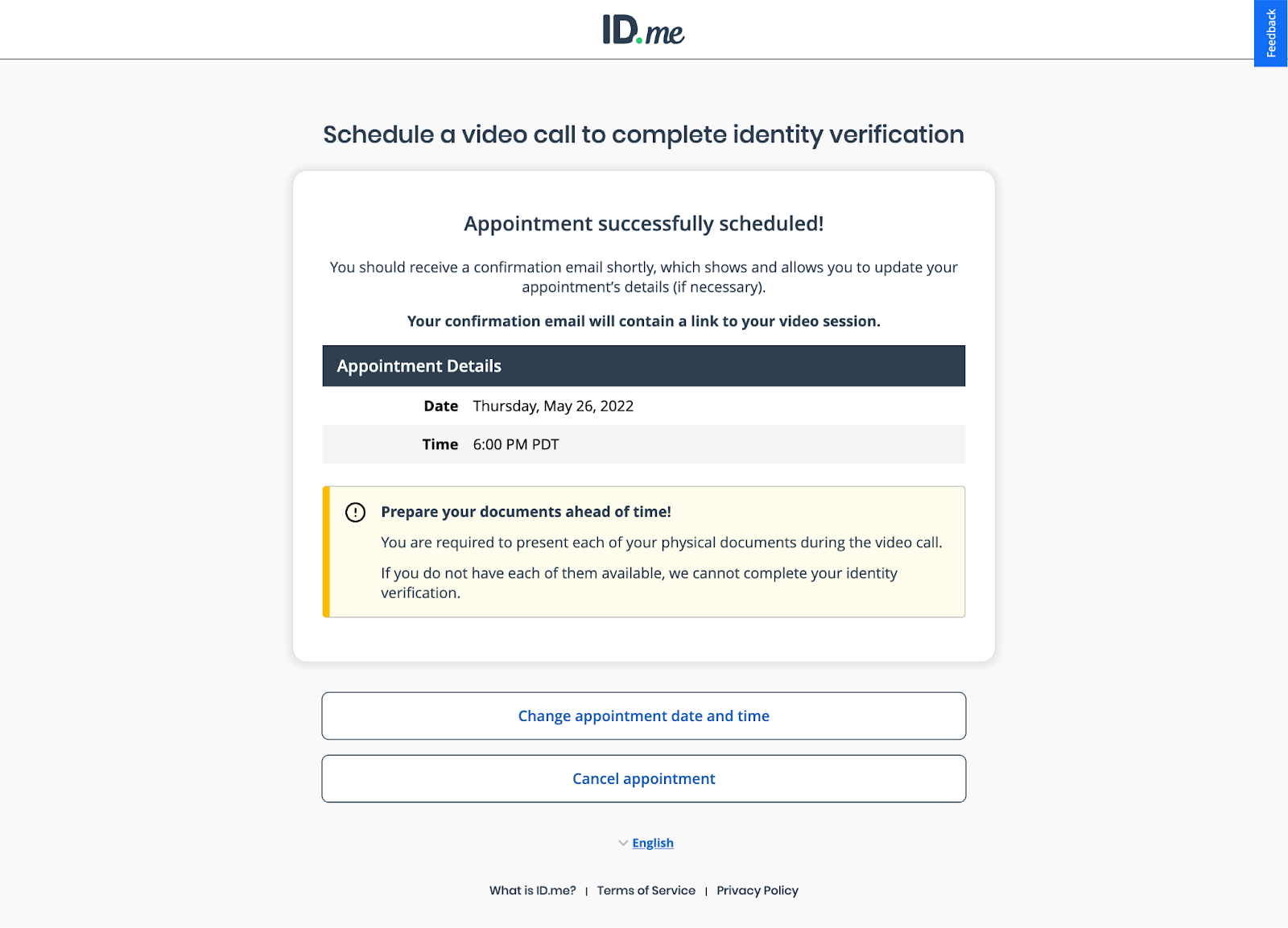 Captura de pantalla que confirma la videollamada programada para la verificación de identidad, con detalles de la cita e instrucciones de preparación