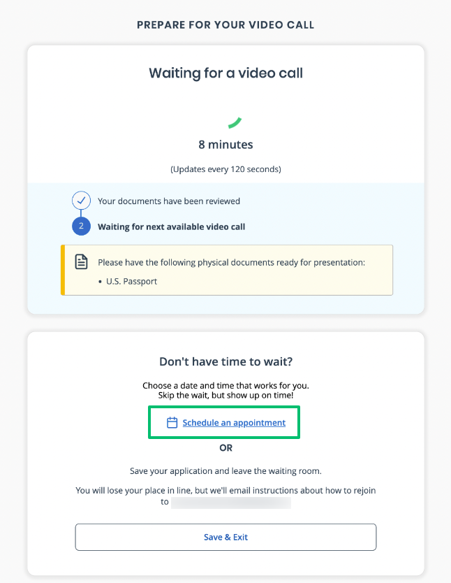 Captura de pantalla que muestra el tiempo de espera aproximado para la videollamada, con la opción de programar una cita o salir