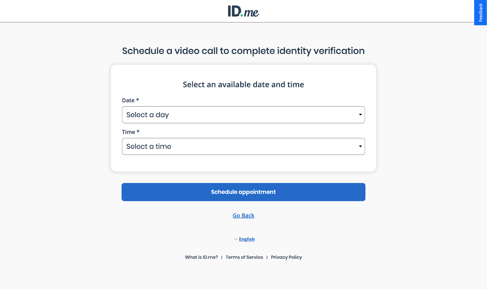 Captura de pantalla de la página de programación para seleccionar una fecha y hora para la verificación de identidad por videollamada