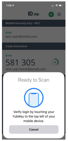 Captura de pantalla del mensaje de inicio de sesión de YubiKey que indica al usuario que toque el dispositivo con el teléfono móvil